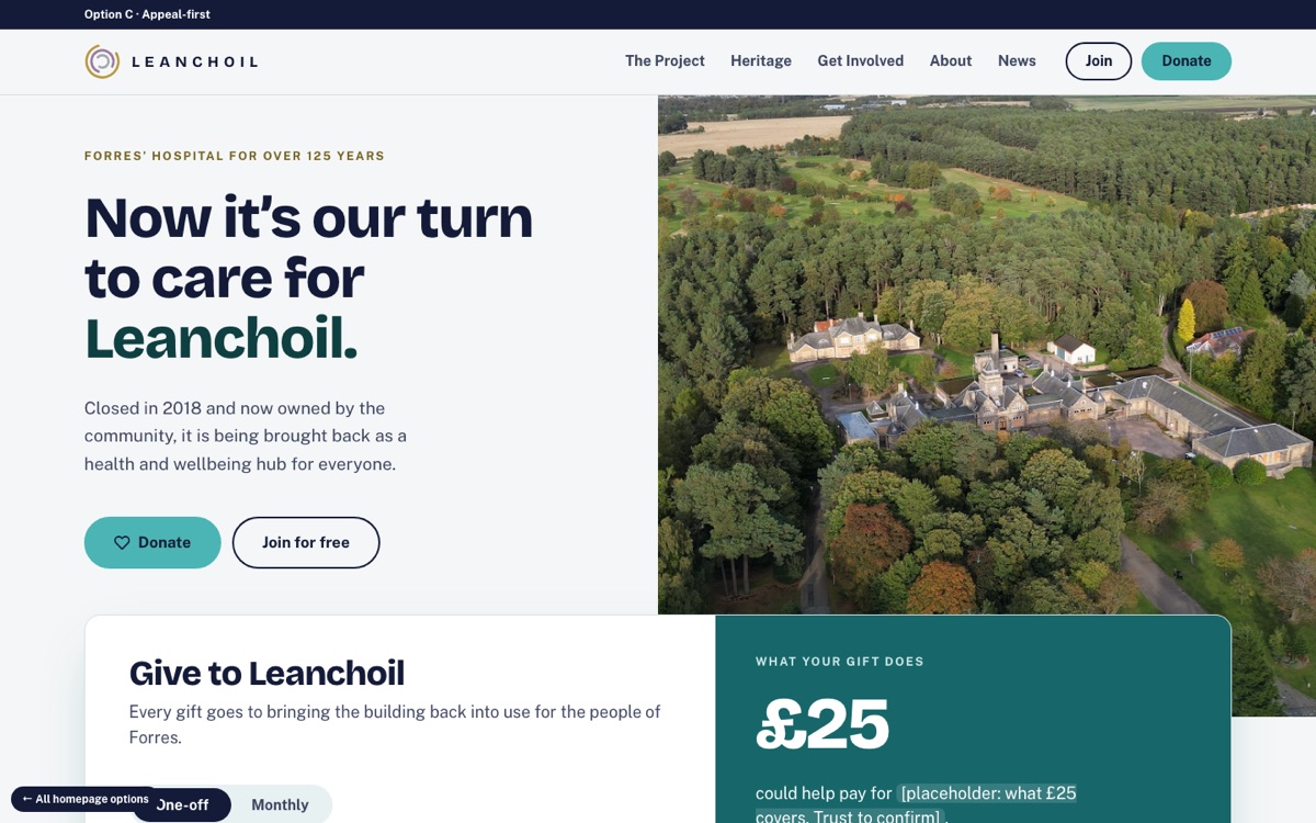 Option C, Appeal-first: homepage preview